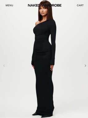 Naked Wardrobe Asymmetrical Neck Long Sleeve Minimalist Bodycon Maxi Dress, XS